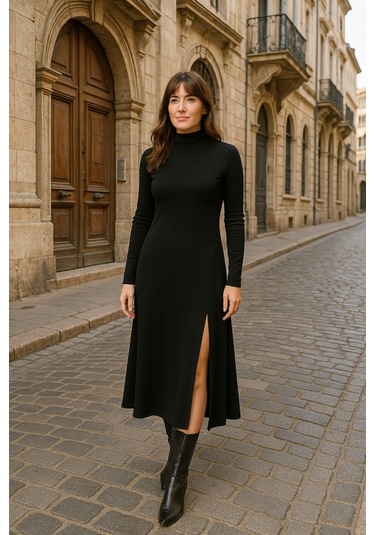 Kadın Uzun Kollu Balıkçı Yaka Derin Yırtmaç Detay Krep Elbise 120 Cm Siyah