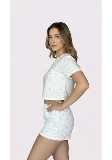 Merlot T-shirt Şort Örme Pijama Takımı Çiçek Baskılı
