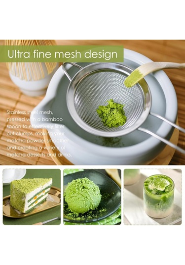 Aubyhe Seramik Çay Süzgeci Ve Matcha Kaşığı Seti - Pürüzsüz Matcha İçin Pratik Ve Şık Zarflandırma Aleti Ahşap