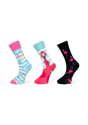 3'lü Unısex Flamingo Tasarımlı Renkli Esnek Nem Alabilen Pamuklu Spor Soket Çoraplar Çok Renkli