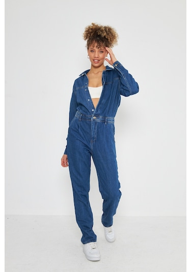 Denim Rahat Kalıp Cıt Cıt Kapamalı Tulum Koyu Mavi