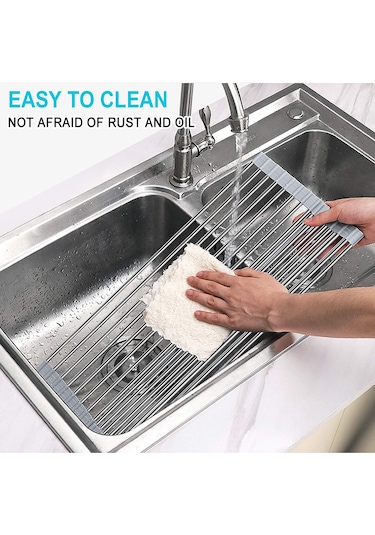 Dianziye Çift Fonksiyonlu Çelik + Silikon Yıkama Tepsisi: Katlanabilir Sulama Rakusu, Isı Dayanıklı, Çok Amaçlı Mutfak Gereci 37x33cm Gri