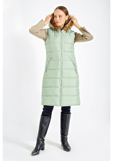 Bigdart 10233 Kapşonlu Kürklü Şişme Yelek - Mint 001