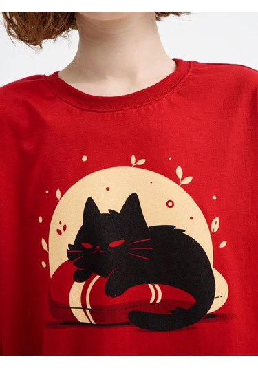 Sunnydress Official Oversize Pamuklu Pijama Pantolonlu Kedi Desenli 279638356 Bordo