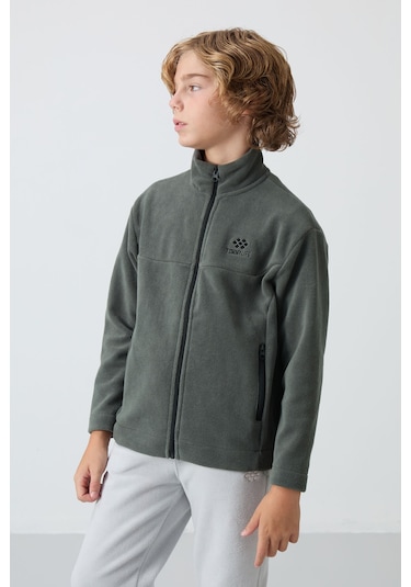 Haki Kalın Yumuşak Dokulu Standart Fit Nakışlı Polar Erkek Çocuk Sweatshirt - 11223 Haki