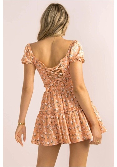 Minik Çiçek Desenli Düşük Omuz Bağcık Korse Bluz Etek Takım Turuncu Turuncu