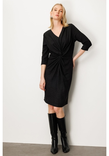 Önü Büzgülü Simli Midi Elbise Ekol Siyah