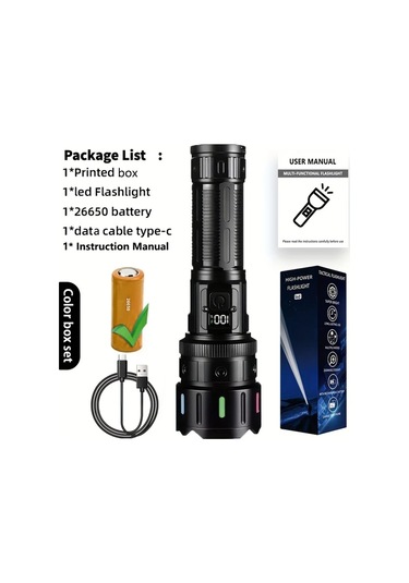 Xuweiwei 1 Adet Ultra Parlak Siyah Led El Feneri Alüminyum Alaşım 1200 Lümen Şarj Edilebilir Standart Renk Kutu Seti Ters Şarj 5 Mod Type C Şarj Portu Kamp Balık Tutma Hediye Siyah