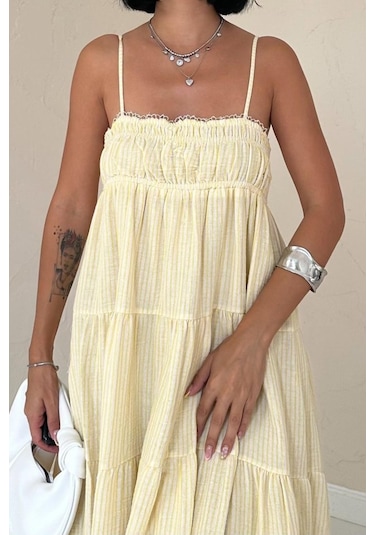 S-pazarım Sarı Askılı Parçalı Çizgili Müslin Elbise Sarı