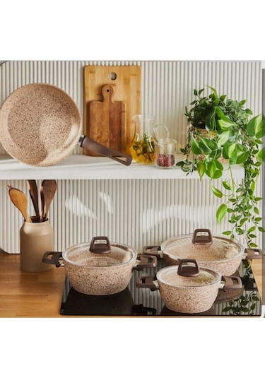 7 Parça Krem Rengi Döküm Tencere Seti Ve Tava Granit Kaplama, Şık Ve Dayanıklı Siyah