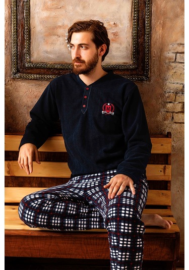Nisanca 3 Renk Kışlık Erkek Polar Pijama Takımı Lacivert