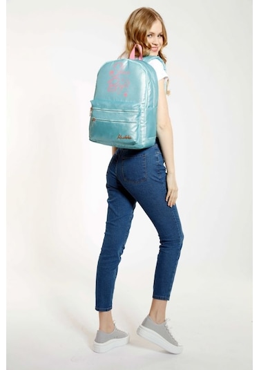 Kaukko Sparkle Turkuaz Okul Sırt Çantası - Simli Kumaş - Ortaokul Lise Günlük