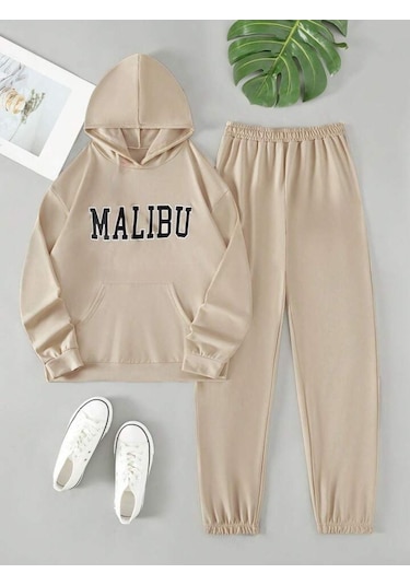 Malibu Eşofman Takımı Sweatshirt Jogger - Bej Baskılı Oversize Şardonlu Kapüşonlu Bej