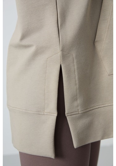 Tommy Life Koyu Bej Balon Kol Yazı Nakışlı Kadın Oversize Tunik Sweatshirt - 97163 Koyu Bej