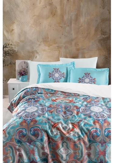 Dijital Saten Çift Kişilik Nevresim Takımı Azur Mavi