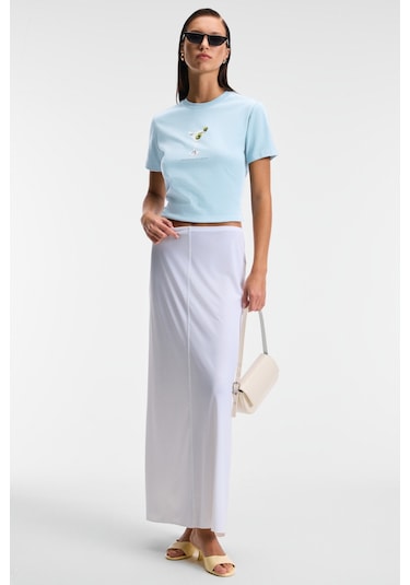 IVONNE Kadın Cocktail Baskı Desenli Kısa Kollu Organik Pamuklu Bisiklet Yaka Crop Mavi T-Shirt