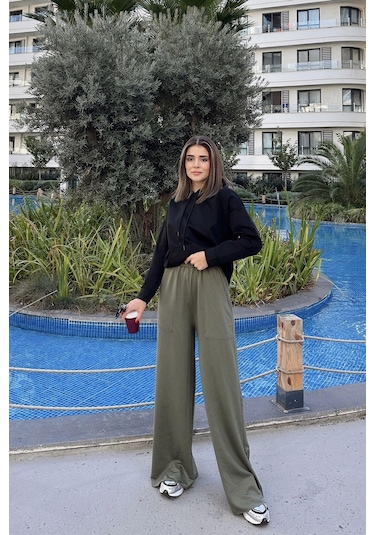 Kadın Haki Beli Lastikli, Cepli, Bol Paça, Salaş Pantolon Haki