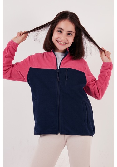Lela Yumuşak Dokulu Fermuarlı Renk Bloklu Dik Yaka Cepli 2'Li Paket Hırka Çocuk Polar 5905001S2 Fuşya Lacivert-Lila Siyah
