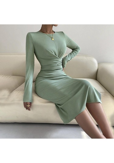 Hnxc Kadın Moda Yaz Bahar Düz Renk Baskı Uzun Kollu O-boyun Yüksek Bel Günlük Elbiseler Açık Yeşil