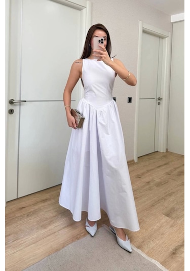 Sifir Kol Beli Oturtmalı Kolsuz Uzun Elbise - Beyaz Sifir Kol Beli Oturtmalı Kolsuz Uzun Elbise - Beyaz