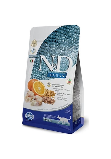 N&D Ocean Düşük Tahıllı Morina Balıklı  ve Portakallı Yetişkin Kedi Maması 1500 G