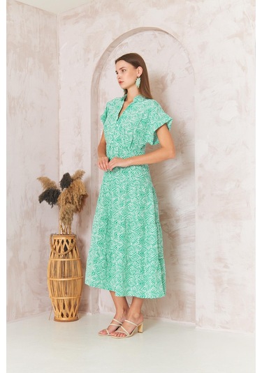 Kadın Gömlek Yaka Kısa Kollu Yeşil Elbise Dm1044 Yeşil