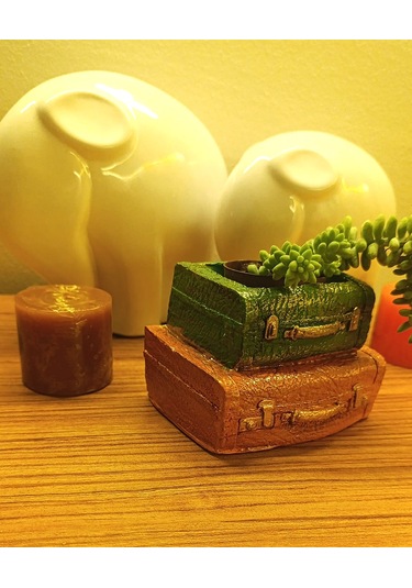 Artepieza Vintage Çift Bavul Saksı- Masaüstü Düzenleyici- Dekoratif Bavul Kalemlik Kahve-yeşil 12 8 1