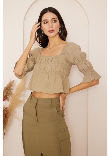 Darlin Moda Haki Büzgülü Crop Bluz Dm7001
