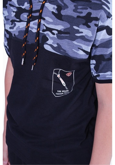 Kamuflaj Desenli Kapşonlu Gri Erkek Çocuk T-shirt Gri