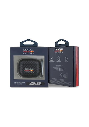Airpods Uyumlu 3. Nesil Kılıf Redbull Lisanslı Pu Karbon Fiber Tasarımlı Askı Aparatlı Kapak Siyah