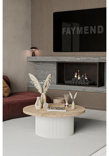 Faymend Kooky Modern Yuvarlak Beyaz - Meşe Ahşap Orta Sehpa '70cm' Krem
