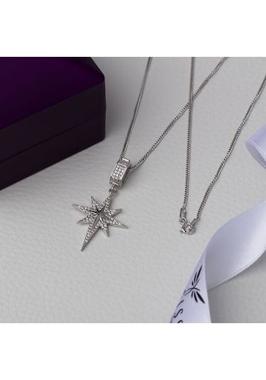 Kuzey Kutup Yıldızı Model Zirkon Taşlı 925 Ayar Gümüş Kadın Kolye-1 Gümüş - Rodyum