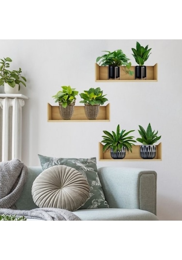 Raflı Bitki Tasarımlı Yapışkanlı Sticker 20 30 Cm 3lü Set Çok Renkli