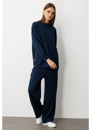 Mizalle Lastikli Yumuşak Dokulu İndigo Mavi Jogger Pantolon Indigo