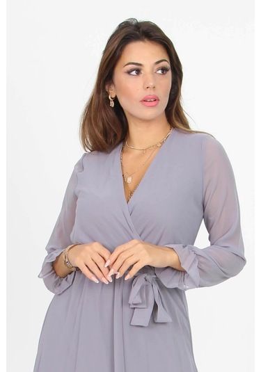 Dipmoda Kadın Kruvaze Yaka Bağlama Detaylı Yeni Sezon Uzun Şifon Elbise Kts003 Gri