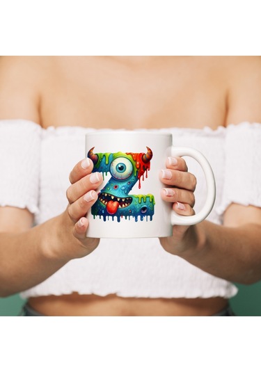 Z Harfi Bardak, Sevimli Canavarlar Harflı Bardak Hediyesi Porselen Beyaz