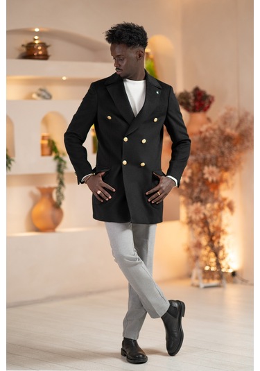 Paul Martin İtalyan Yaka Yünlü Kruvaze Kaşe Kaban Siyah