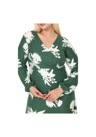 Melsay Butik Kışlık Yumoş Kumaş Kruvaze Yaka Yeşil Beyaz Yaprak Desen Eteği Fırfırlı Midi Elbise Yeşil