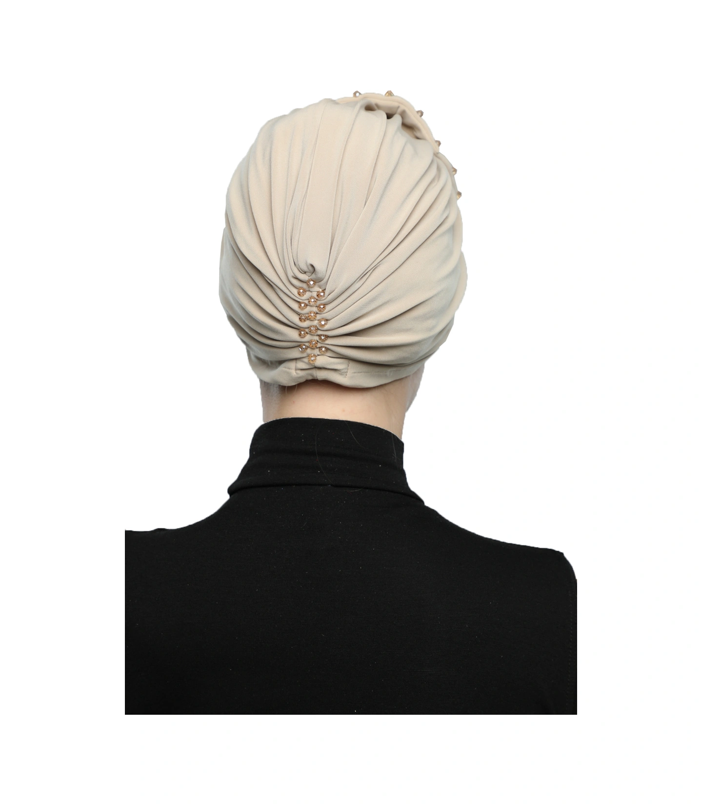 Kristal Yelpaze Taş Işlemeli Çift Taraflı Astarlı Bej Hazır Türban Tesettür Abiye Bone Bej