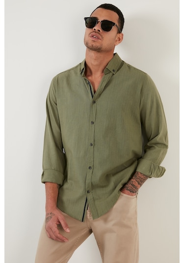 Buratti Pamuklu Regular Fit Düğmeli Yaka Erkek Gömlek Cf20S111871 Haki