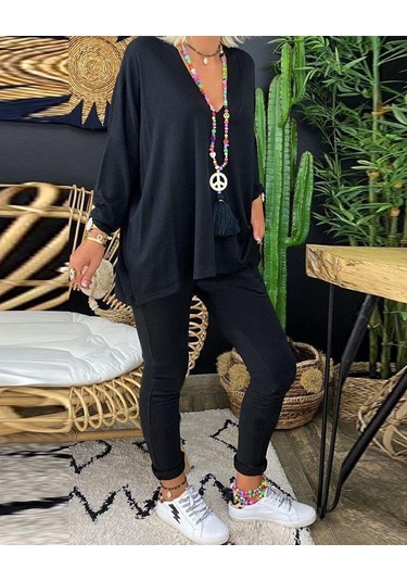 Kadın Uzun Kollu Derin V Yaka Ön Kısa Arka Uzun Viskon Bluz Siyah