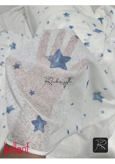 Brillant Marka Yıldız Desenli Tül Perde Örme Kumaş, Çocuk Odası İçin Özel Tasarım Mavi Mavi