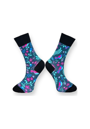 3'lü Unısex Doğa Temalı Kuş Ve Yaprak Tasarımlı Esnek Nem Alabilen Pamuklu Spor Soket Çoraplar Çok Renkli