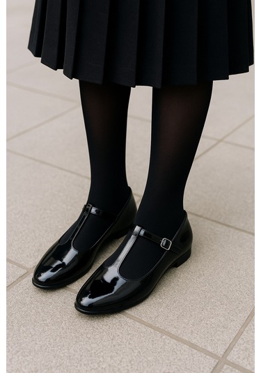 Siyah Süet T-strap Mary Jane Tasarım Babet Siyah Rugan