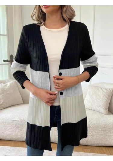 Kadın Uzun Kollu Çok Renkli Önden Düğmeli Uzun Ceket Siyah