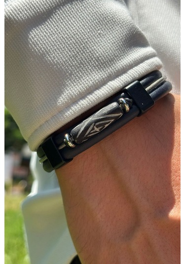 El İşçiliği İle Üretilmiş Hakiki Deri Erkek Bileklik Siyah - Beyaz