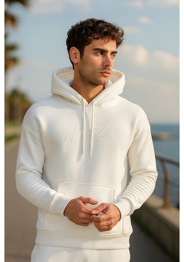 Oversize Ekru Renk Kapüşonlu Eşofman Takımı-1665 Ekru