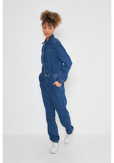 Denim Rahat Kalıp Cıt Cıt Kapamalı Tulum Koyu Mavi