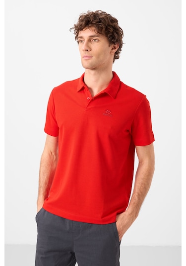 Tommylife Tommy Life Kırmızı Basic Logolu Standart Kalıp Triko Polo Yaka Erkek T-shirt - 87748 Kirmizi