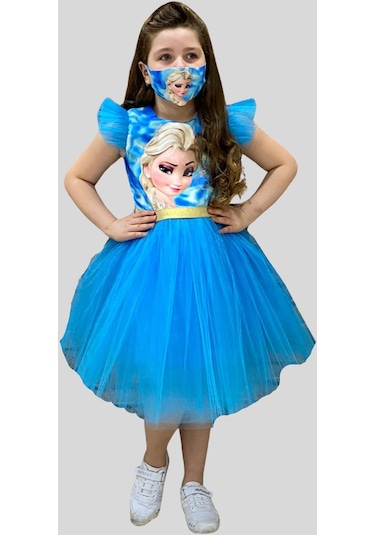 Maske Hediyeli Tül Detay Elsa Elbise Mavi